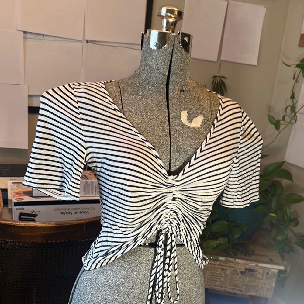 Black and White Ruched Tie Front Blouse